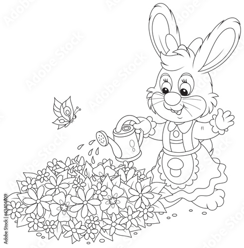 Easter Bunny watering flowers