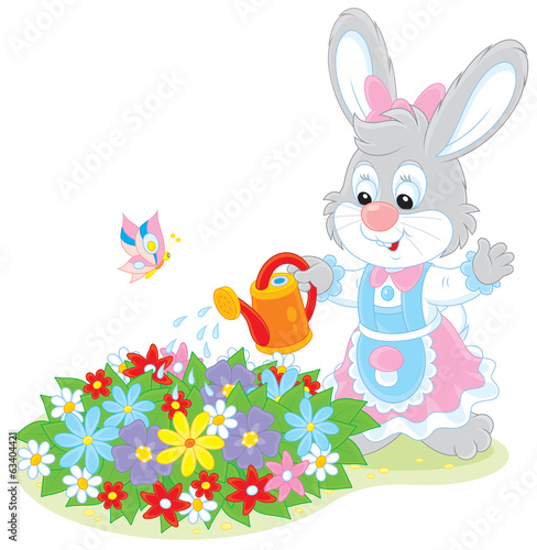 Easter Bunny watering flowers