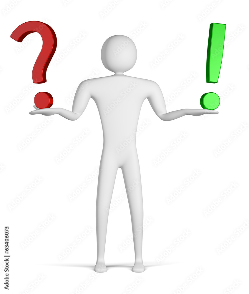 3d man holding question mark and exclamation point 3d man holding question mark and exclamation point