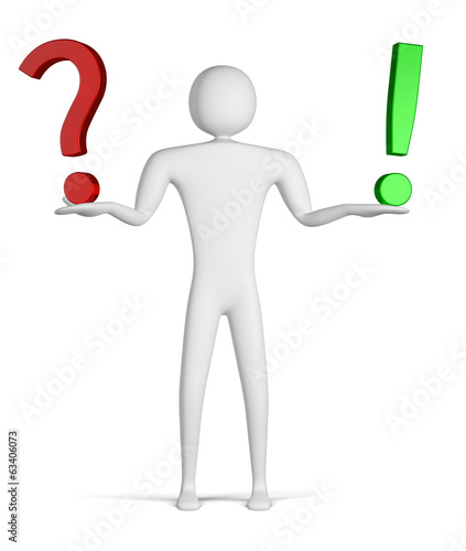 3d man holding question mark and exclamation point