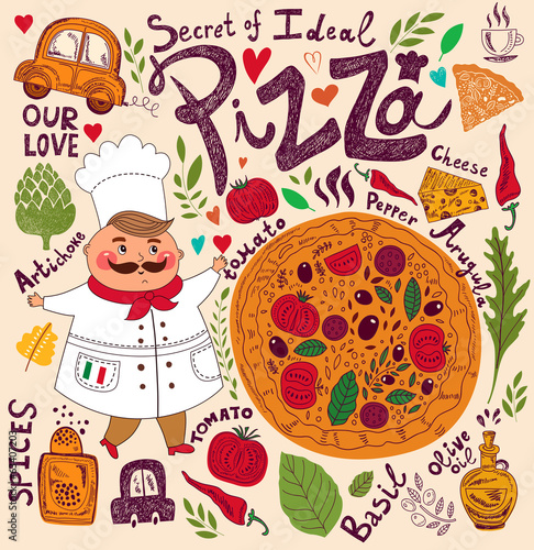 Pizza design menu with chef