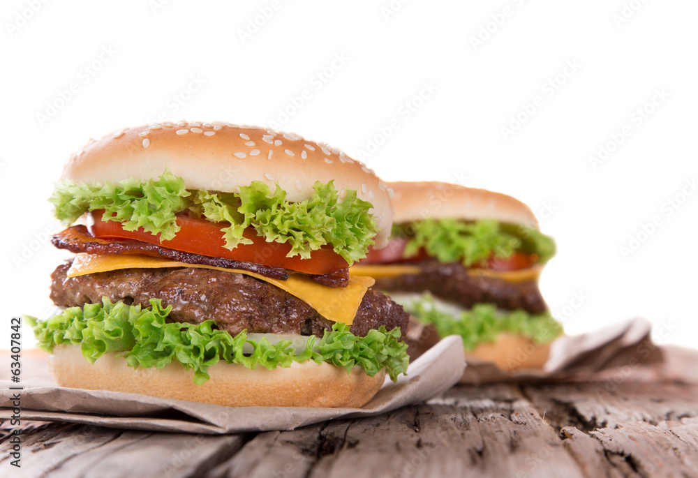 delicious hamburger on wood