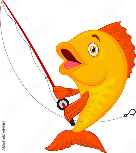 Cute fish holding fishing rod