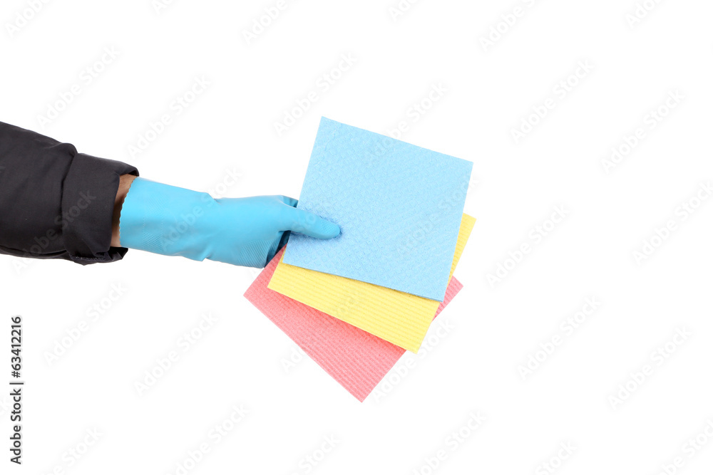 Hand holds different sponges Hand holds different sponges