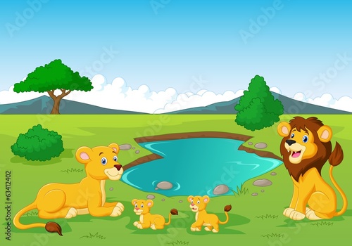 Cartoon lion family near watering hole