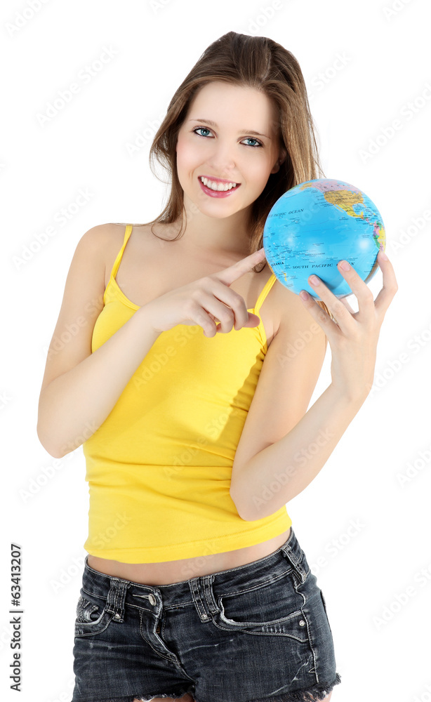smiling girl pointing to map of the world smiling girl pointing to map of the world