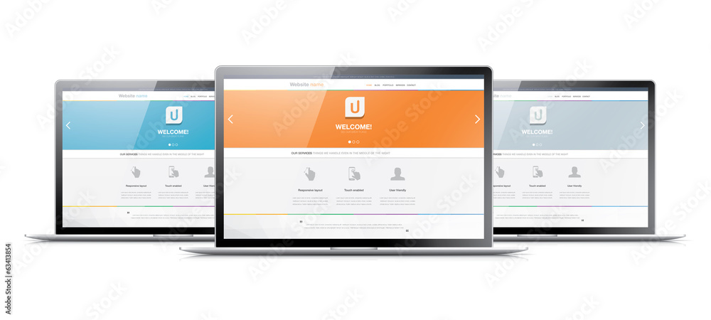 Three laptops displaying modern web development coding websites Three laptops displaying modern web development coding websites