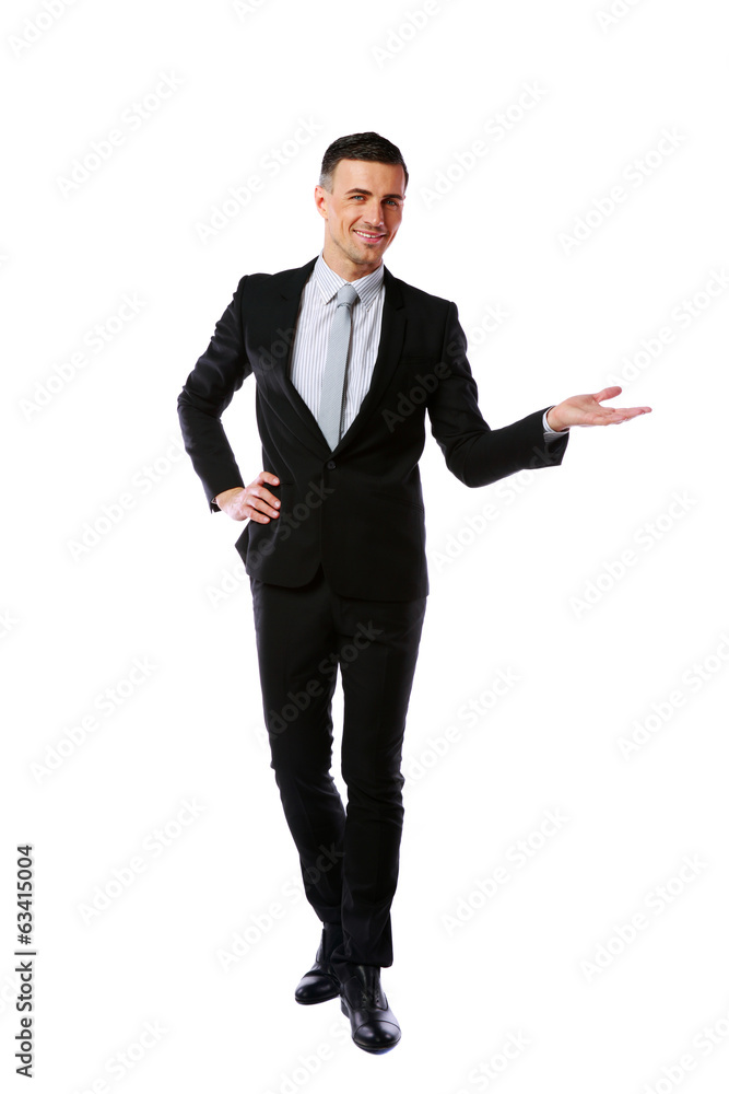 Business man presenting over a white background Business man presenting over a white background