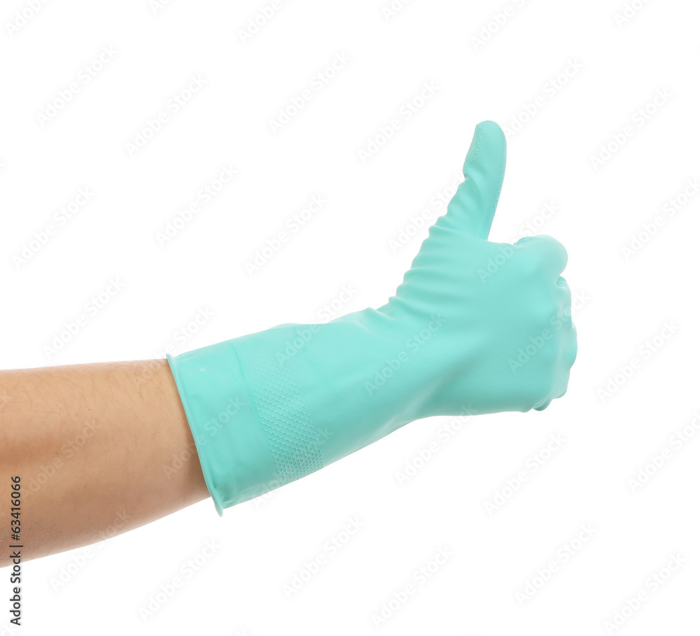 Latex glove on hand. Latex glove on hand.