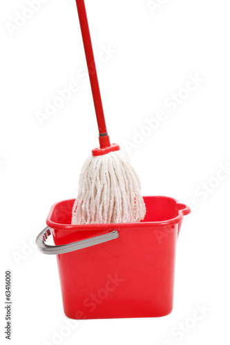 Red mop and bucket.