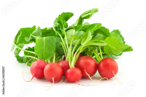 A bunch of fresh radishes on white