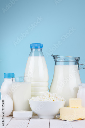 Dairy products assortment on wooden table