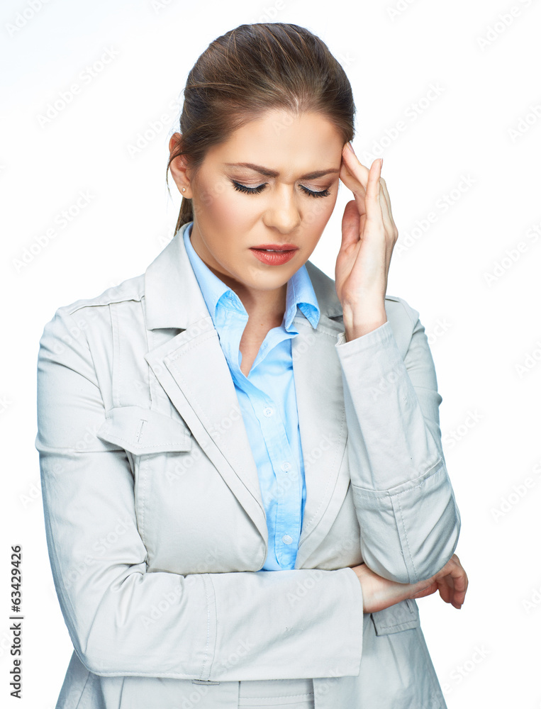 Woman headache portrait. White background. Woman headache portrait. White background.