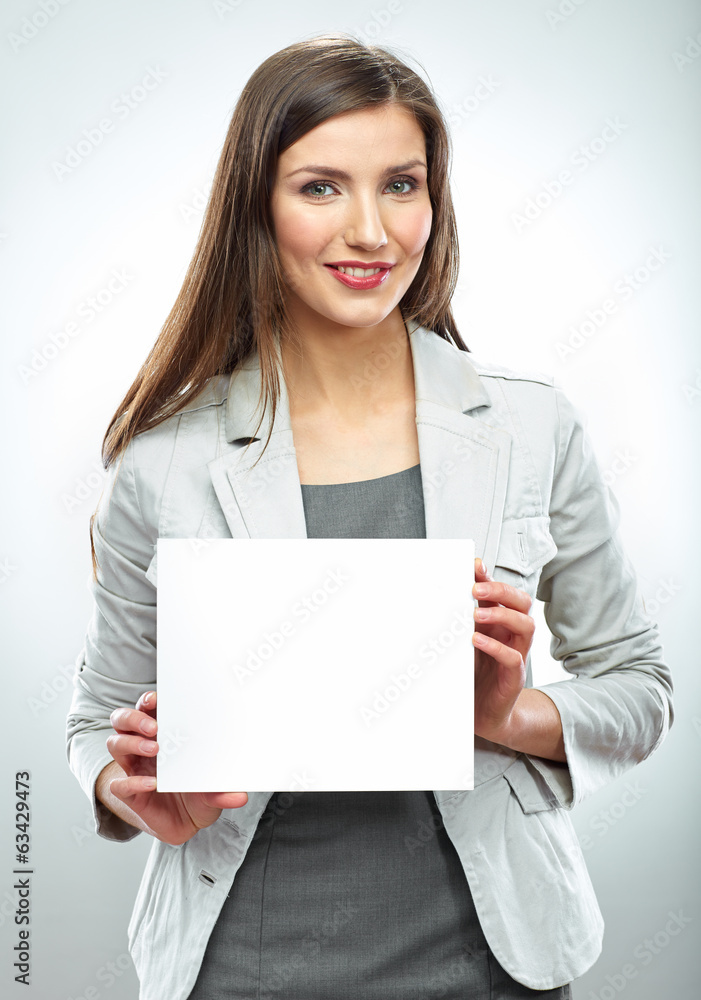 Smile Business woman portrait with blank white banner, board on Smile Business woman portrait with blank white banner, board on