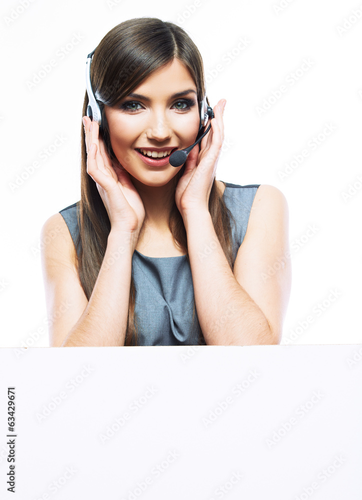 Woman customer service worker with big blank board Woman customer service worker with big blank board