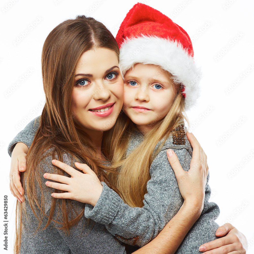 Daughter embrace mother Christmas portrait. Daughter embrace mother Christmas portrait.