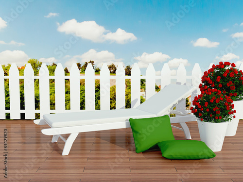 White sunlounger and roses.