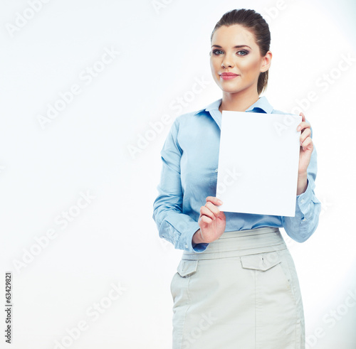 Woman hold white paper banner isolated over white background
