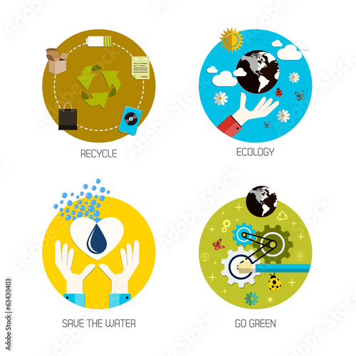 Icons for recycle, ecology, save the water, go green. Flat style