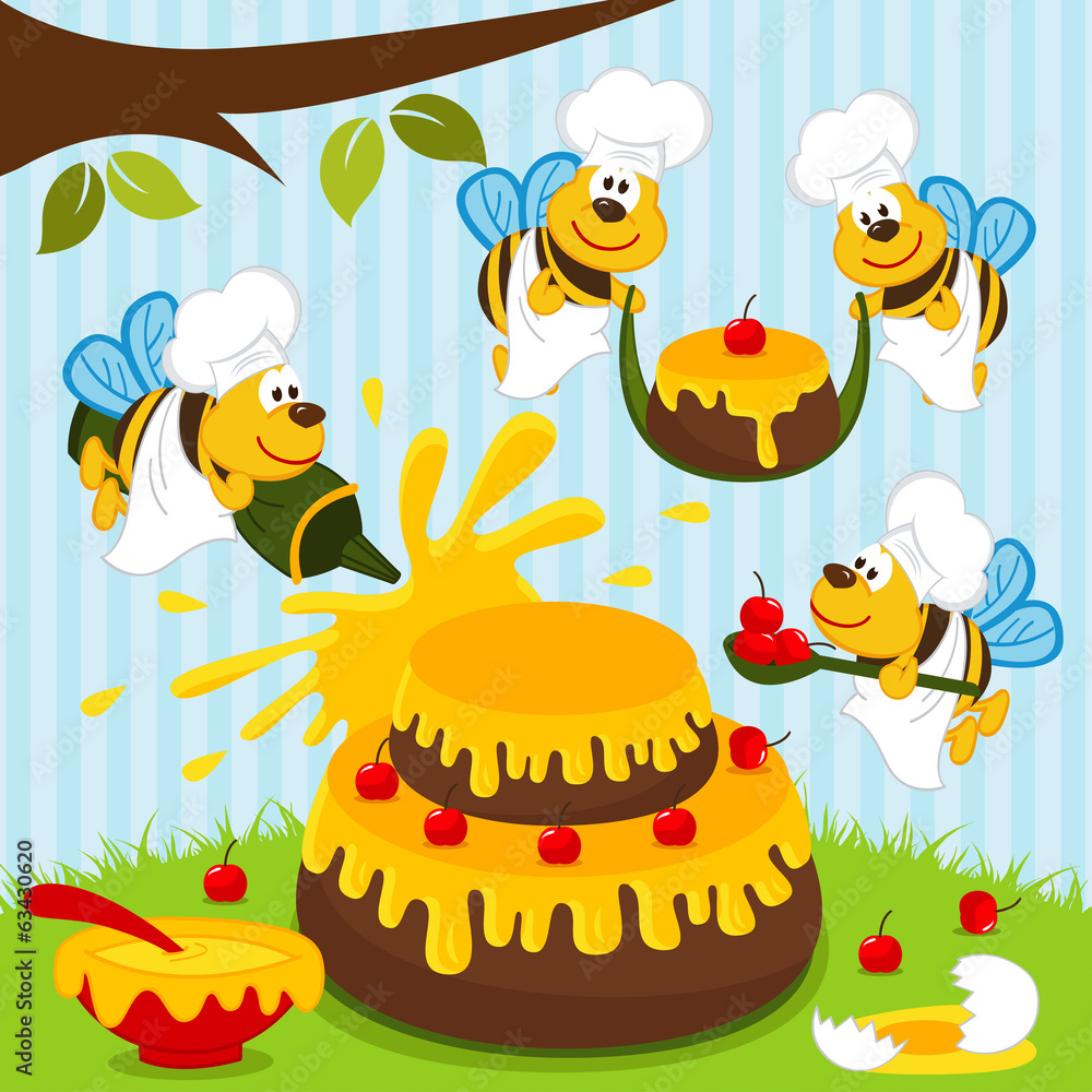 bees chefs prepare cake - vector illustration - obrazy, fototapety, plakaty 