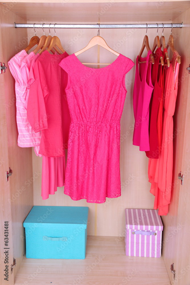 Female clothes on hangers in wardrobe Female clothes on hangers in wardrobe