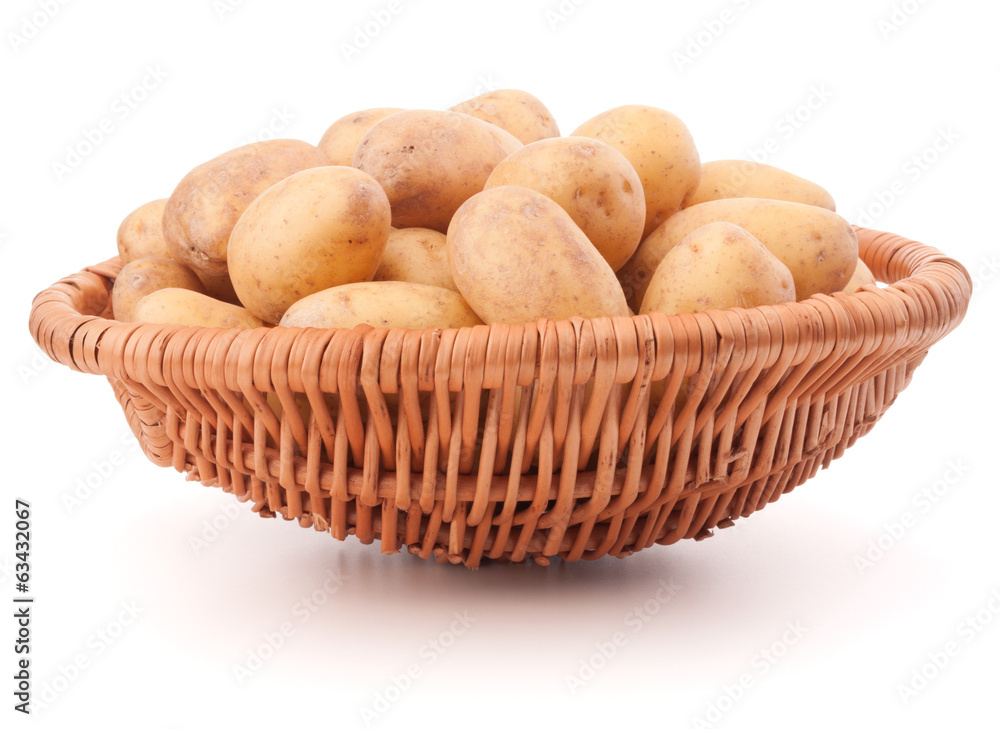 Potato tuber in wicker basket isolated on white background Potato tuber in wicker basket isolated on white background
