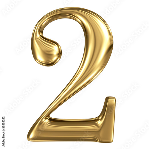 Golden shining metallic 3D symbol figure 2 isolated on white