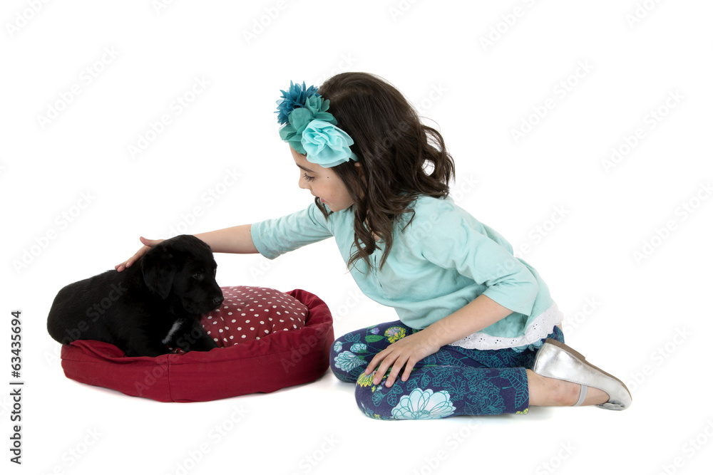 girl kneeling down petter her black lab puppy girl kneeling down petter her black lab puppy