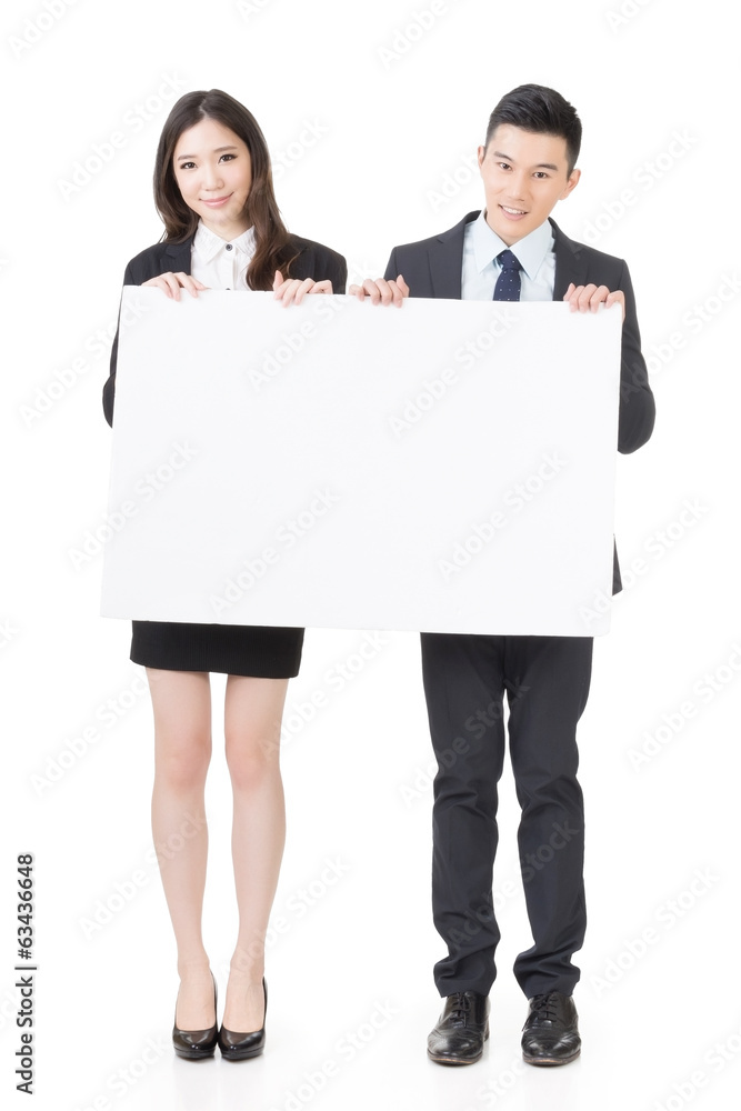 Business man and woman holding blank white board Business man and woman holding blank white board