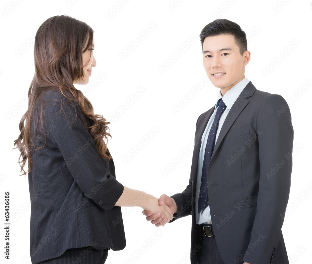 Business woman and man shake hands