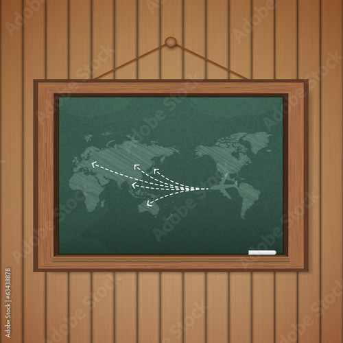 Realistic blackboard on wooden background drawing a Map