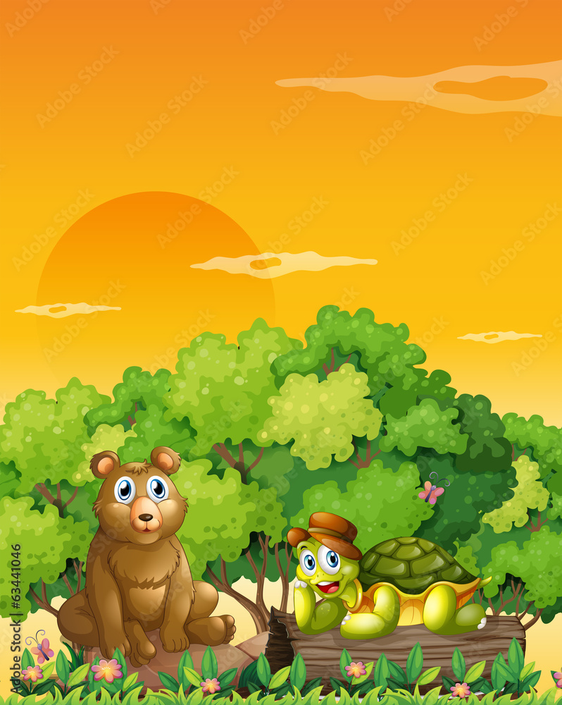 A bear and a turtle at the forest A bear and a turtle at the forest