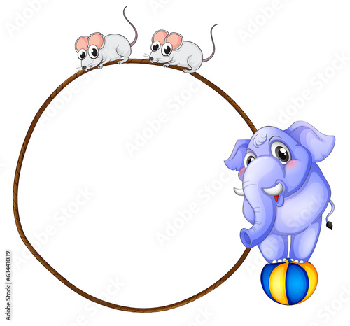 A round template with a blue elephant and playful mice