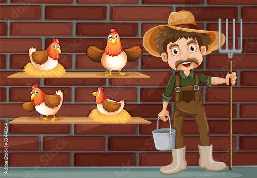 A farmer beside the four hens