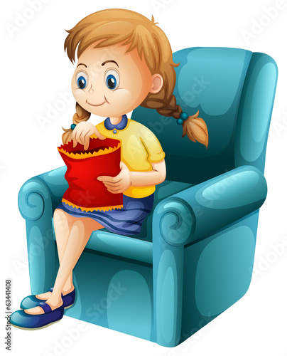 A girl eating junkfoods while sitting down