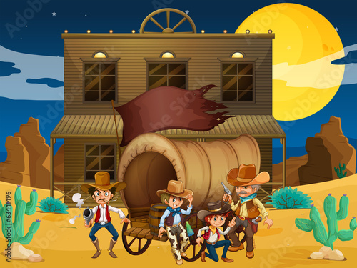 A group of armed men with a wagon near the salon bar