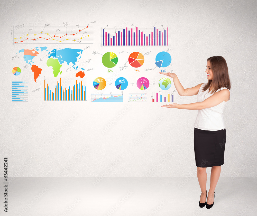 Business woman with colorful graphs and charts Business woman with colorful graphs and charts