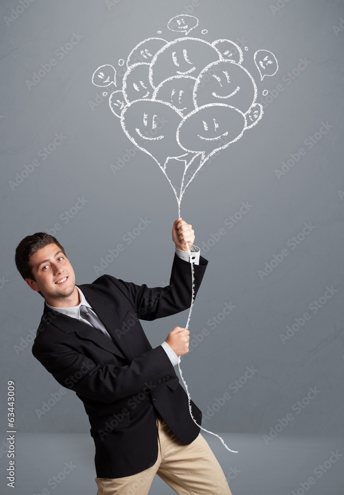 Happy man holding smiling balloons drawing Happy man holding smiling balloons drawing