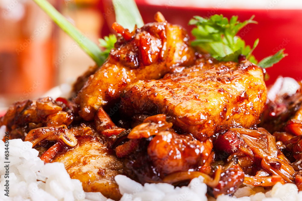 Close-up of sweet and sour pork and rice Close-up of sweet and sour pork and rice