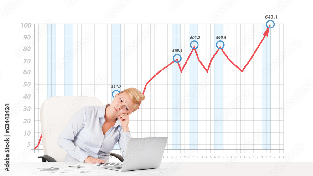Young businesswoman calculating stock market with rising graph i Young businesswoman calculating stock market with rising graph i