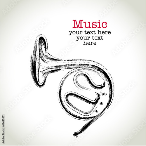 Grunge drawing french horn with brushwork