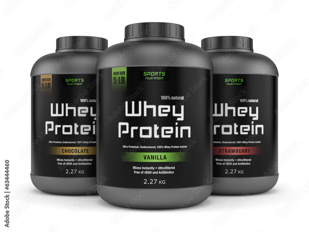Εκτύπωση καμβά Three whey protein jars isolated on white