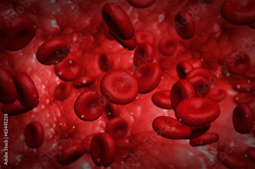 Computer graphic design of red blood cells flowing inside vessel