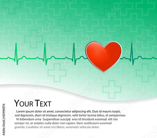 Vector medical background, red heart on green with EKG line