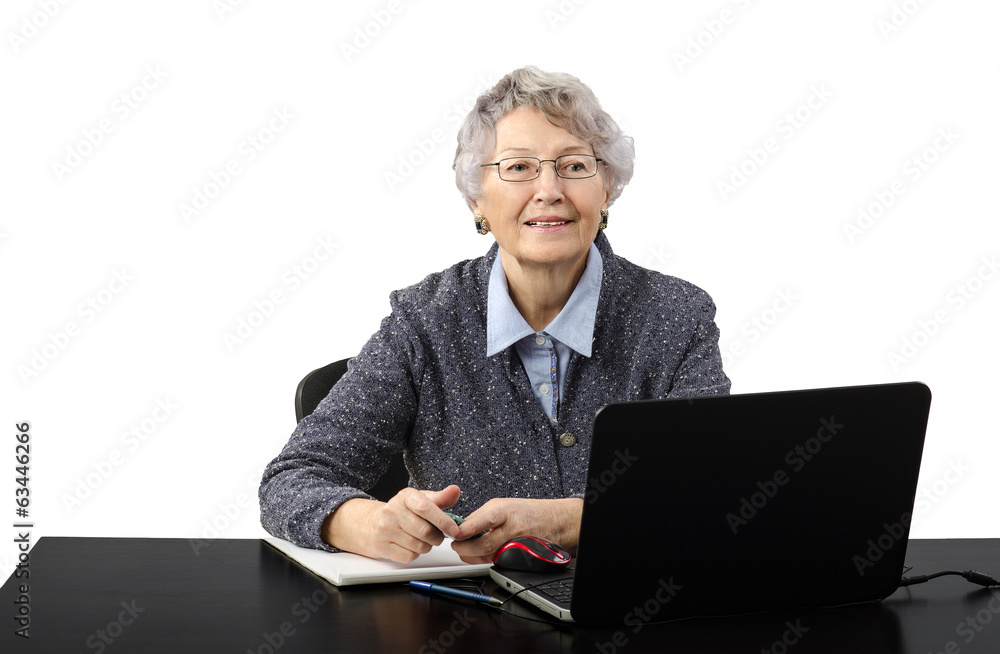 Grey haired old lady talking in skype Grey haired old lady talking in skype