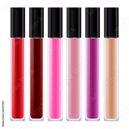 Set of assorted colorful lip gloss tubes.