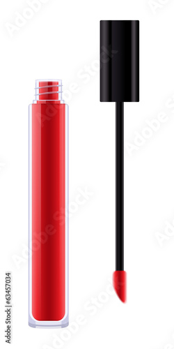 Opened red lip gloss tube.