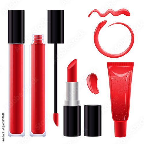 Make-up set. Lipstick and lip gloss smudges. Red color.