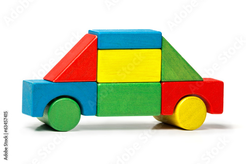 toy car, multicolor wooden blocks transport over white backgroun