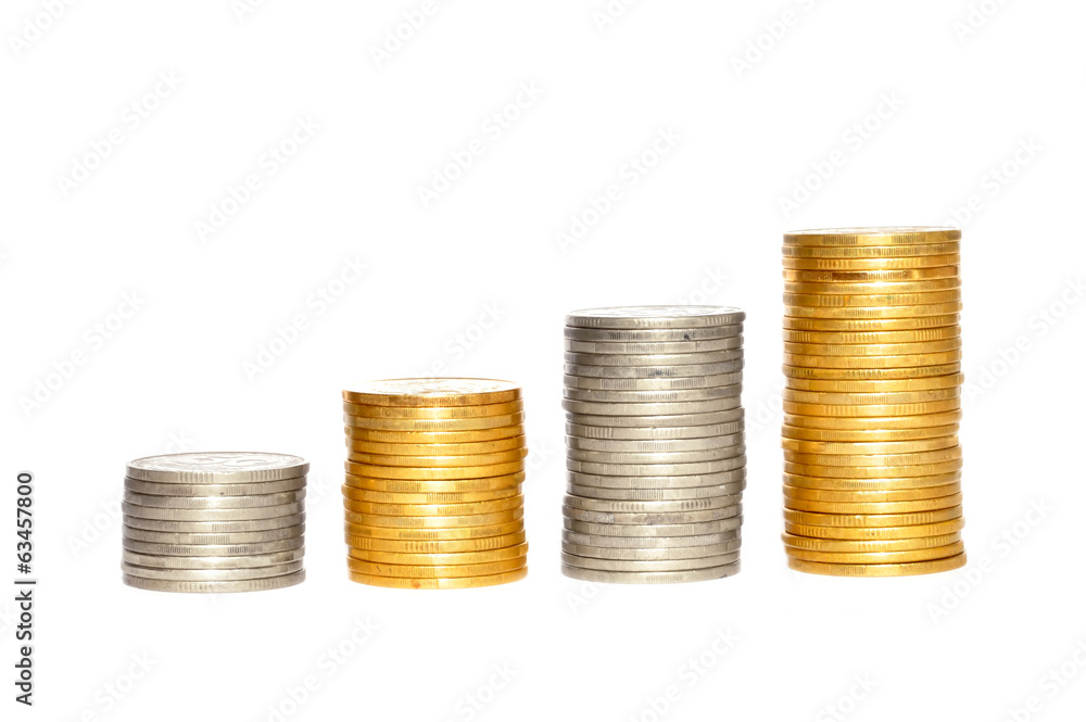 Savings, increasing columns of gold and silver coins isolated on Savings, increasing columns of gold and silver coins isolated on